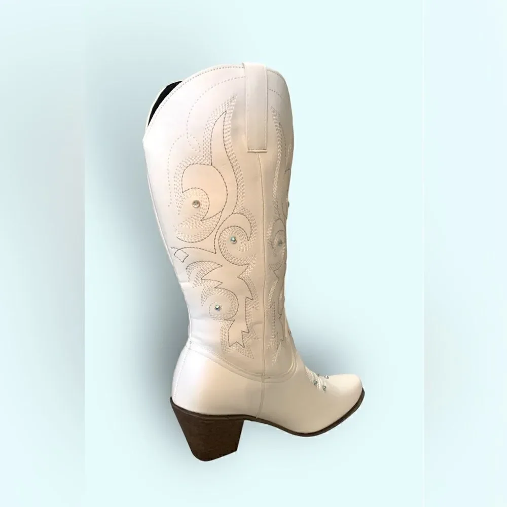 White Cowgirl Boots with Crystal Studs - Picture 4 of 11
